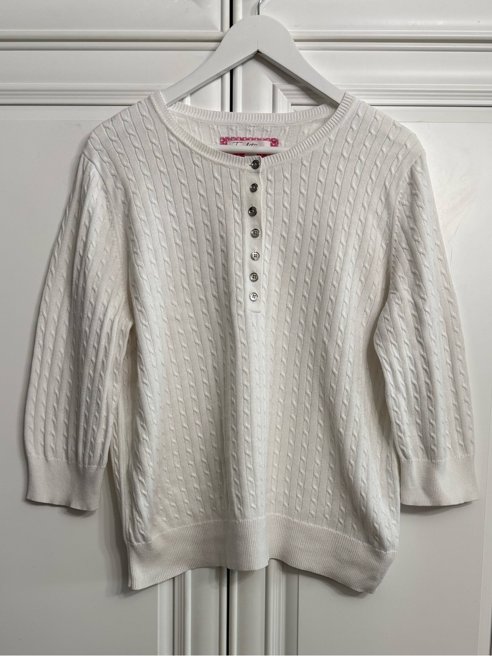Vintage White Cable-Knit Henley Sweater Buttoned Half Placket 3/4 Sleeves Sz XL
